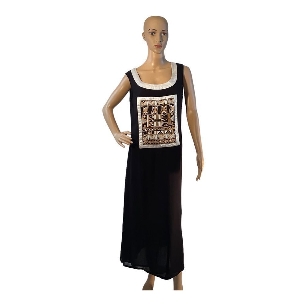 ASHRO Women’s Black white Rayon Sleeveless Maxi Print Tunic Dress Size Medium